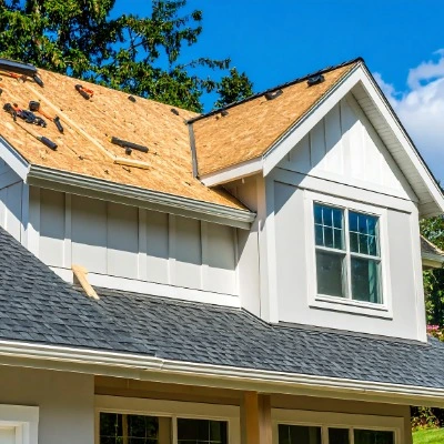 Two levels of roof on home with shingles on the lower half and new roof decking on the upper half.