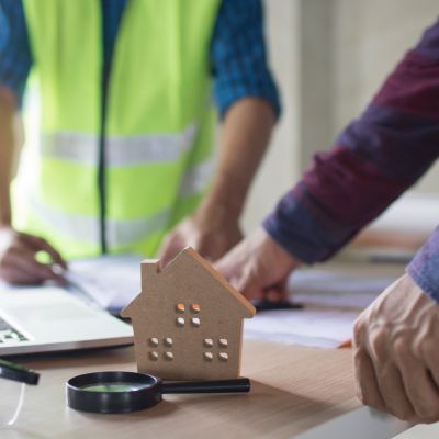 Roof inspector in safety vest reviewing documents with homeowner, with small house model on table