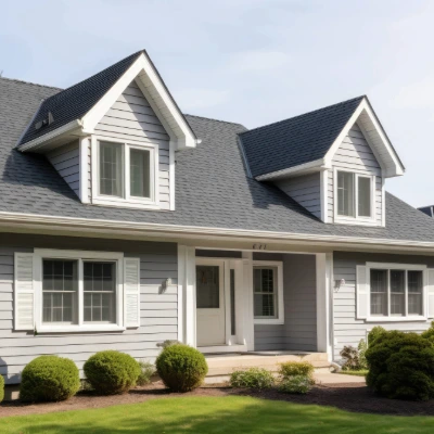 Residential home with newly installed gray asphalt shingle roof, white siding, dormers, and landscaped front yard.