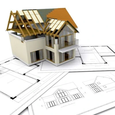 3D model of a house with roof framing displayed over architectural blueprints