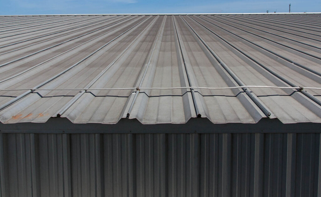 Architectural detail of metal roofing on commercial construction