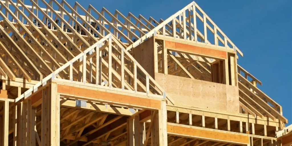 Wooden roof framing of a new residential home under construction
