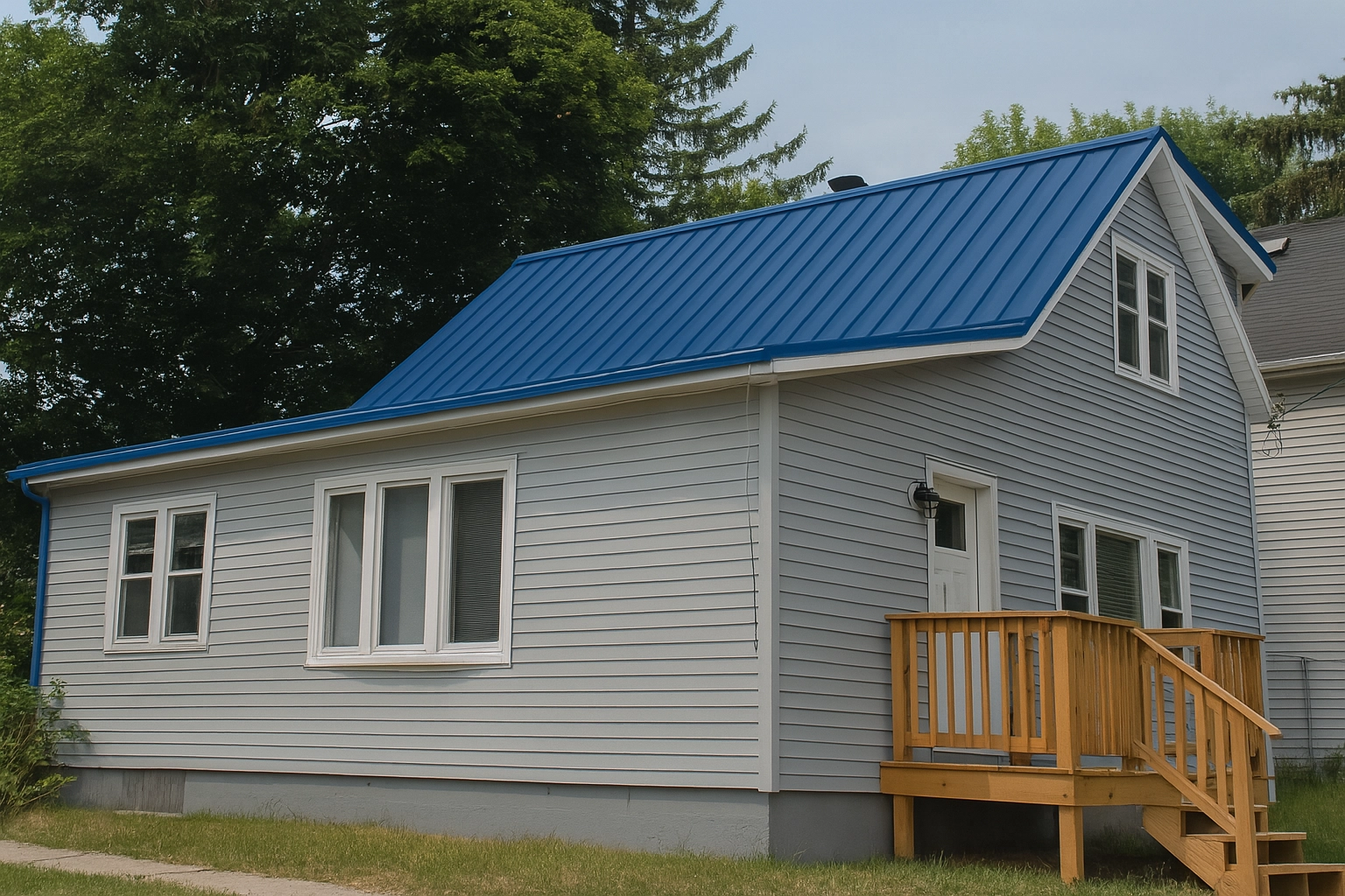Home with Blue standing seam Metal Roof