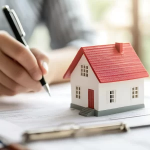 A small house on top of a clipboard with papers that someone is signing, indicating an investment into a roof.